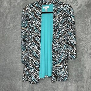 Dressbarn 14 16 XL Cardigan Sweater Blue Brown Striped 3/4 Sleeve Open Stretch